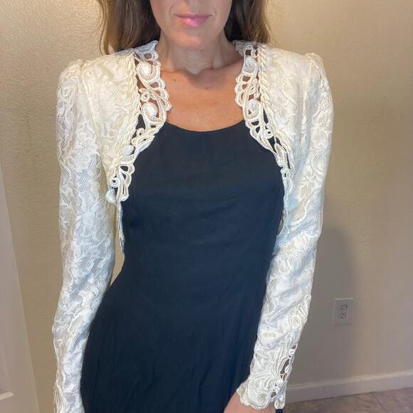 Vintage Scott McClintock Black & White Long Sleeve Lace Trim Gown Dress Size 10 - Picture 3 of 5